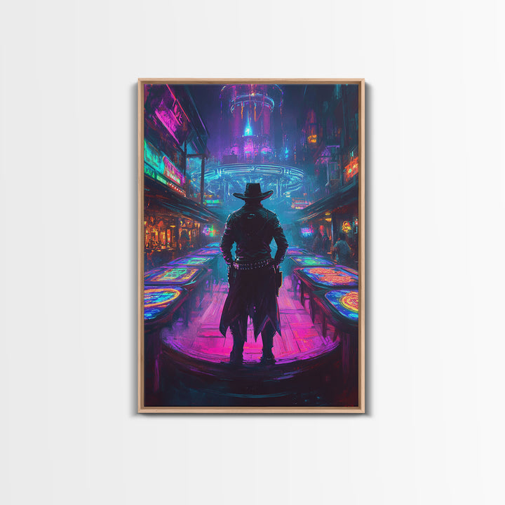 Cyber Cowboy In Neon Futuristic City Wall Art, Dystopian Western Street Canvas Print, Sci Fi Gaming Room Decor Gift For Him