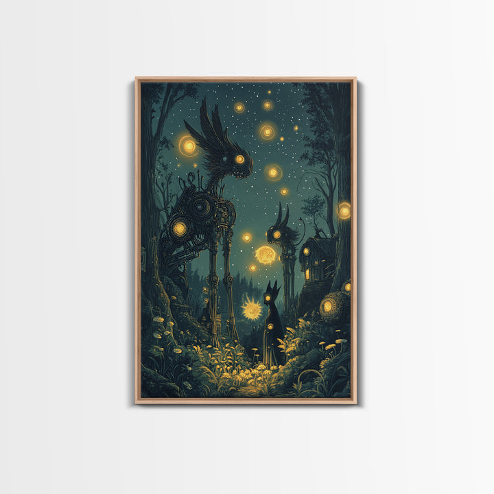 Glowing Mechanical Forest Creatures Wall Art, Dark Fantasy Art, Whimsical Animal Art, Celestial Decor, Unique Home Decor