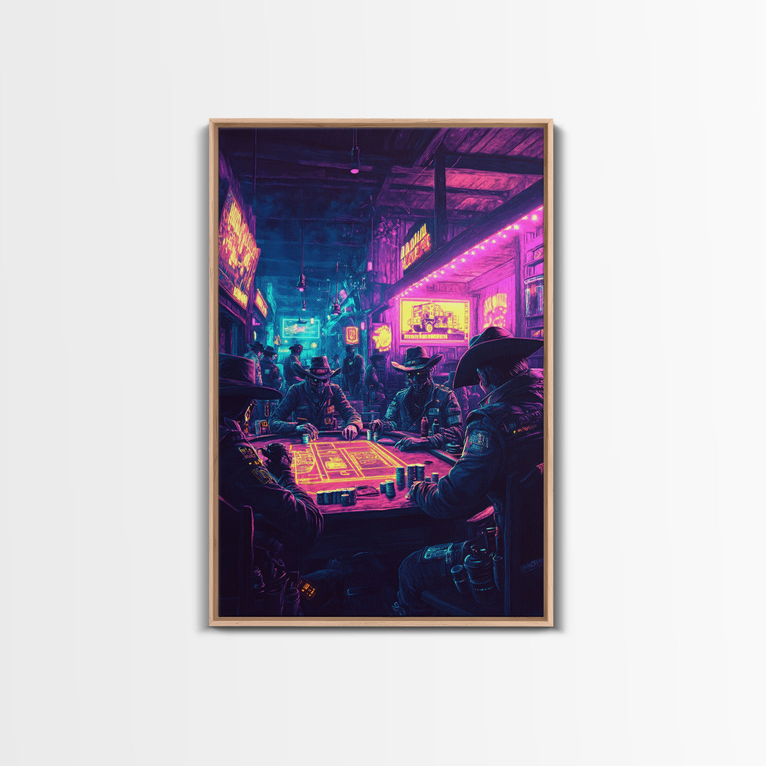 Neon Cyberpunk Cowboy Poker Wall Art, Futuristic Western Decor, Gaming Room Art, Man Cave Decor, Sci Fi Canvas Print, Gift For Him