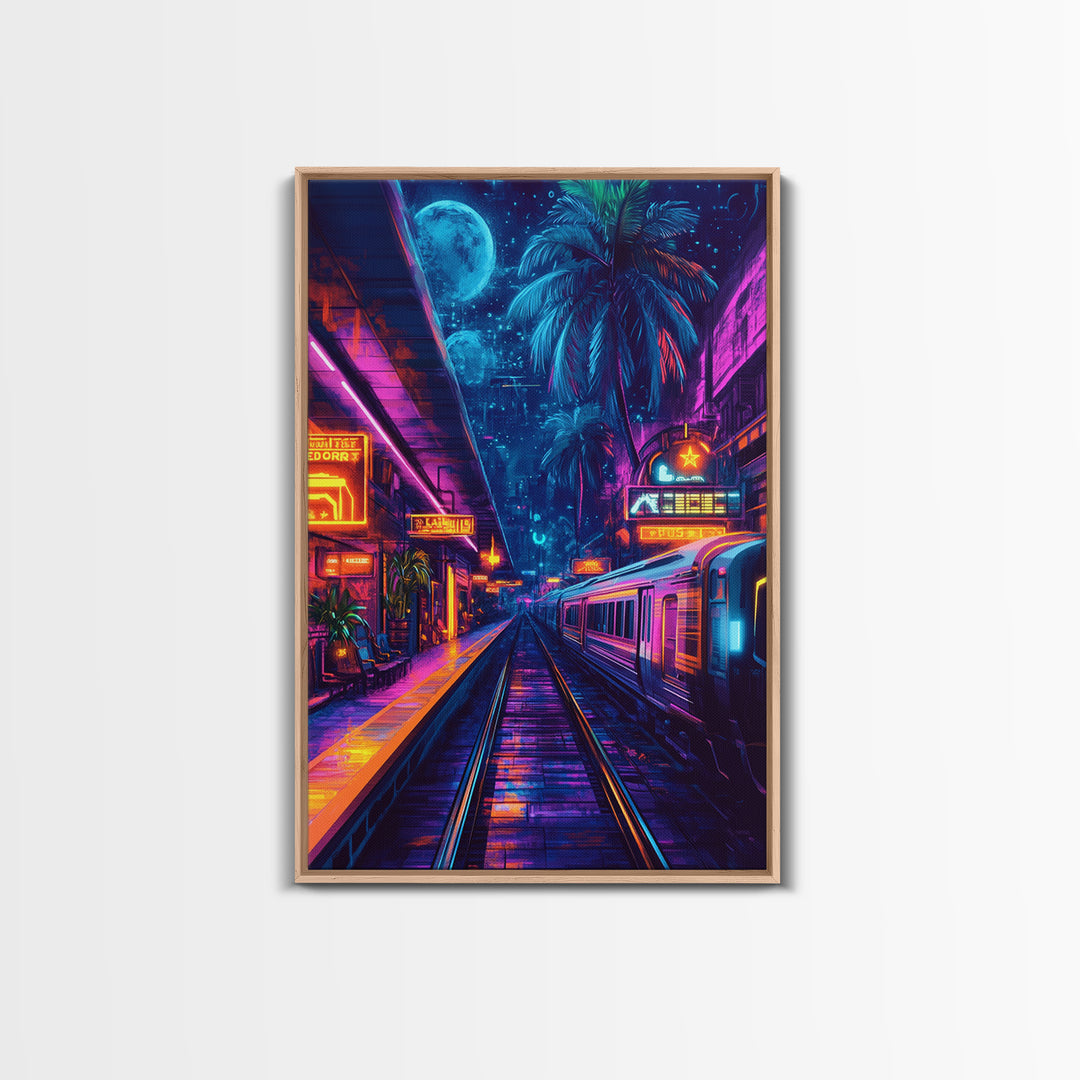 Neon Tropical Cyberpunk Train Wall Art, Futuristic Cityscape Art, Vaporwave Decor, Gaming Room Art, Large Sci Fi Canvas Print