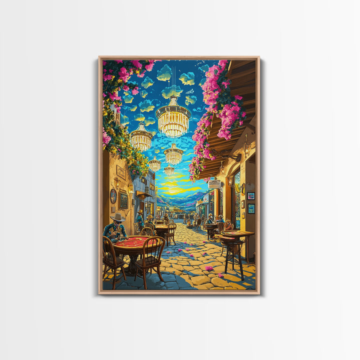 Chandelier Lit Mediterranean Cafe Wall Art, Colorful Travel Poster, Coastal Decor, Dining Room Print, Framed Canvas Print