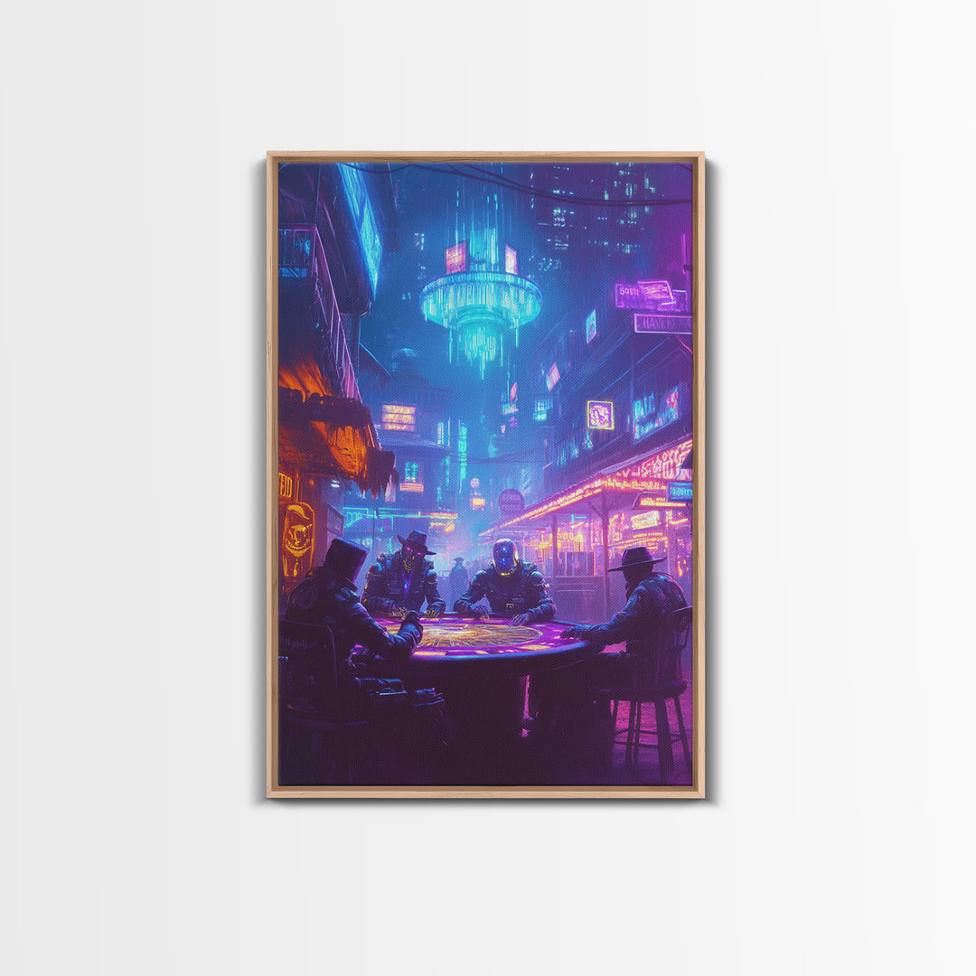 Cyberpunk Poker Table Under Neon Wall Art, Futuristic City Decor, Sci Fi Poster, Gaming Room Art, Man Cave Decor, Large Canvas Print