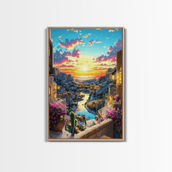 Sunset Canyon Village And River Wall Art, Mediterranean Landscape Print, Coastal Home Decor, Colorful Art, Large Canvas Print
