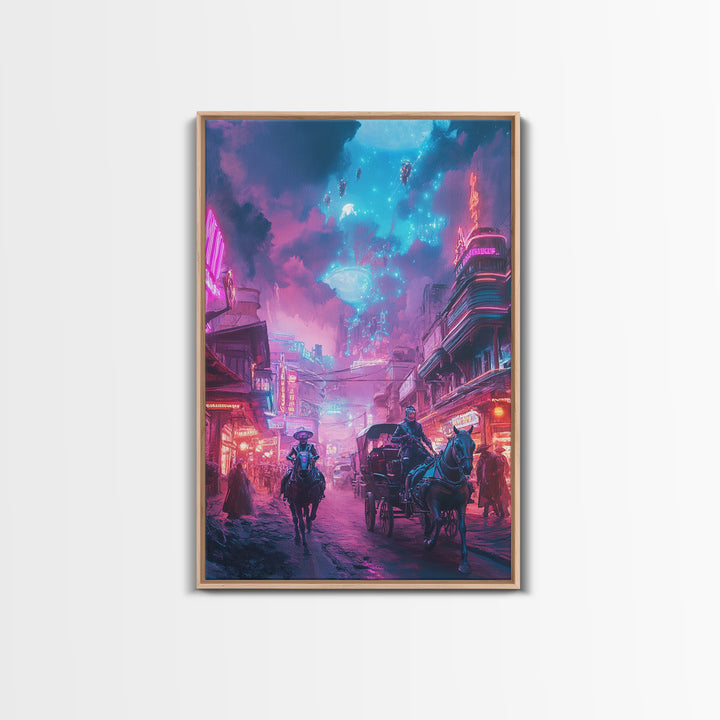 Neon Cyberpunk Horseback City Under Cosmic Sky Wall Art, Futuristic Sci Fi Poster, Gaming Room Decor, Vaporwave Home Decor