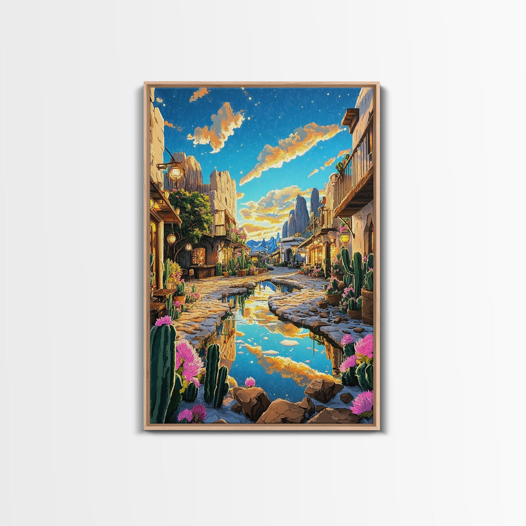 Sunlit Desert Village Street With Cactus And Mountains Canvas Print, Southwestern Wall Art, Boho Home Decor, Travel Poster