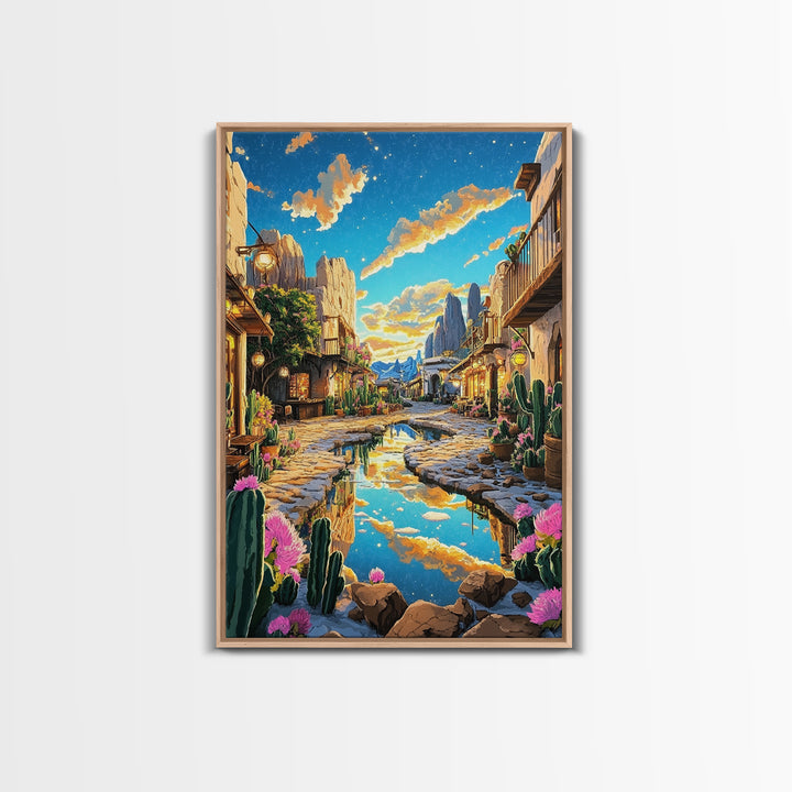 Sunlit Desert Village Street With Cactus And Mountains Canvas Print, Southwestern Wall Art, Boho Home Decor, Travel Poster