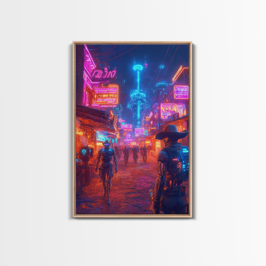 Neon Cyberpunk Cowboy And Robot City Canvas Print, Futuristic Wall Art, Sci Fi Poster, Gaming Room Decor, Vaporwave Gift