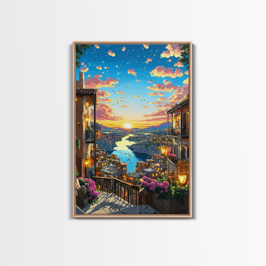 Romantic Sunset River City Balcony With Flowers Wall Art, Mediterranean Travel Poster, Coastal Home Decor, Colorful Art Print