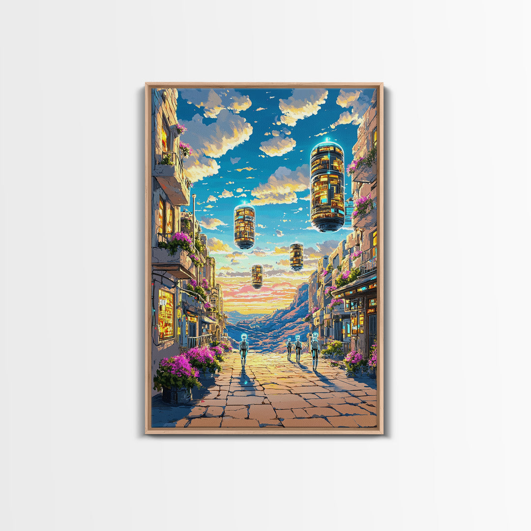 Floating Futuristic City Street With Sky Pods Canvas Print, Sci Fi Wall Art, Cyberpunk Decor, Modern Travel Poster Gift For Him