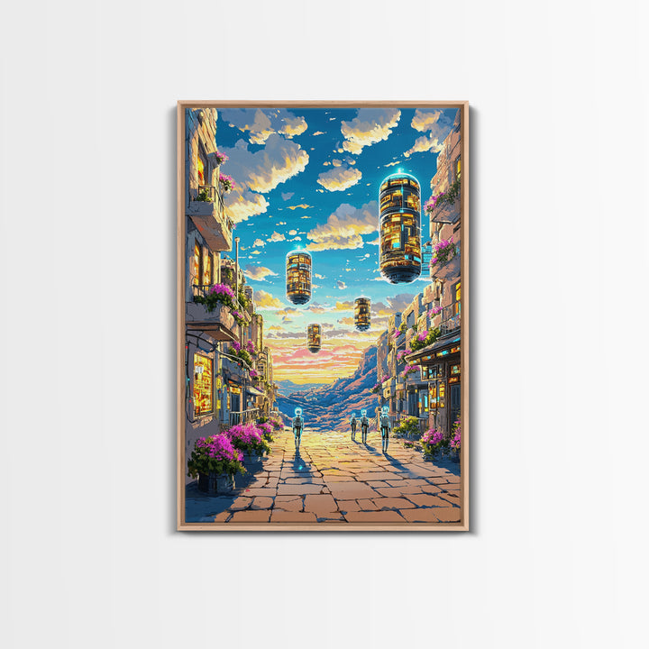 Floating Futuristic City Street With Sky Pods Canvas Print, Sci Fi Wall Art, Cyberpunk Decor, Modern Travel Poster Gift For Him