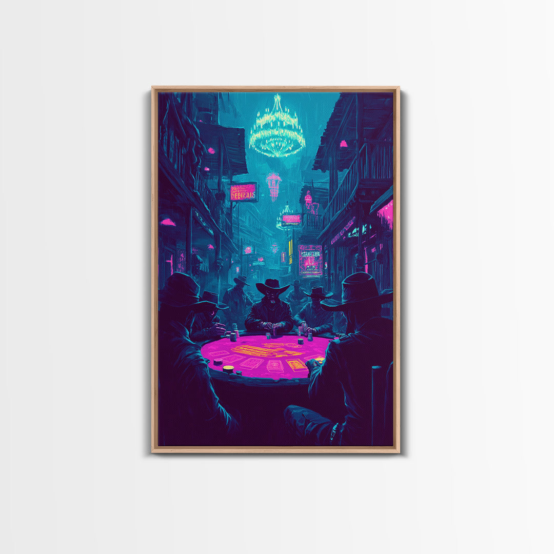 Neon Cyberpunk Poker Game With Cowboys Framed Canvas Print, Western Wall Art, Man Cave Decor, Gaming Room Poster Gift For Him