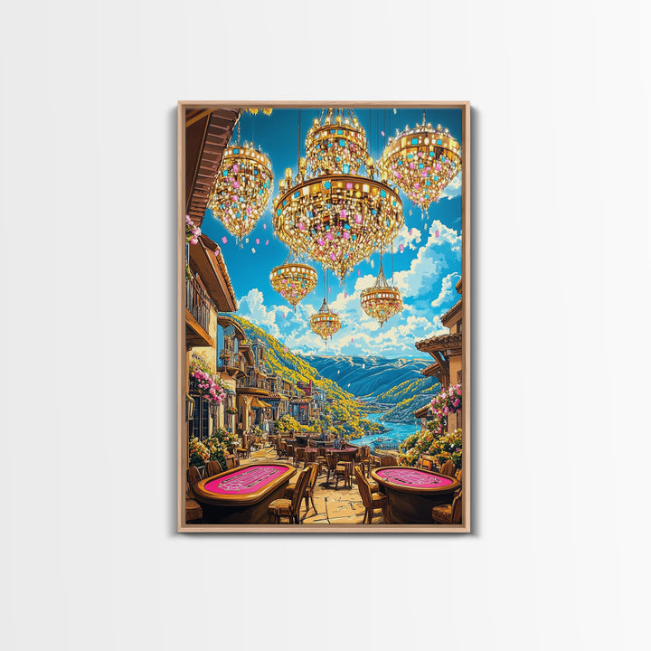 Jeweled Chandeliers Over Alpine Village Canvas Print, Whimsical Mountain Wall Art, Maximalist Luxury Home Decor, Statement Artwork