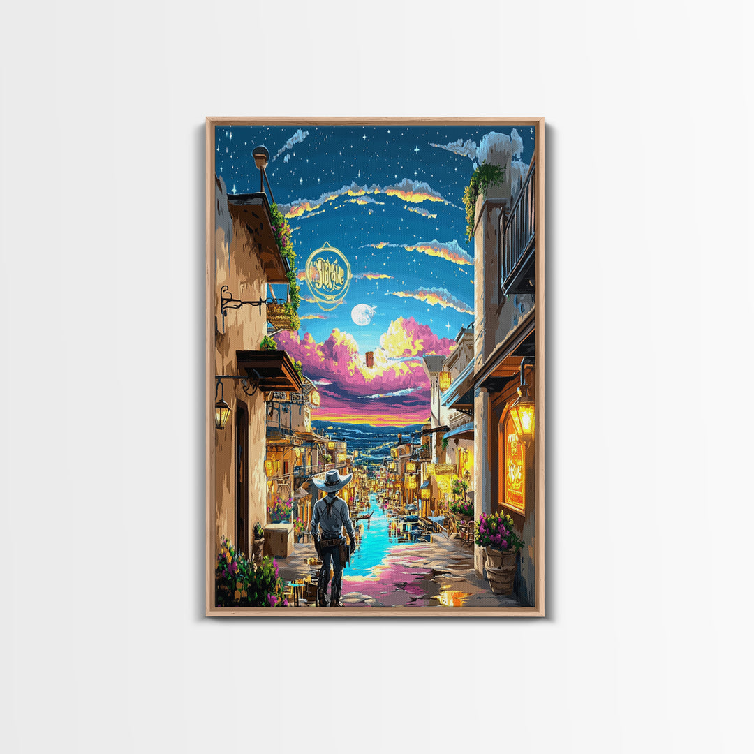 Moonlit Cowboy Canal Street Canvas Print, Western Wall Art, Neon Cityscape, Whimsical Travel Poster, Gift For Him, Living Room Decor