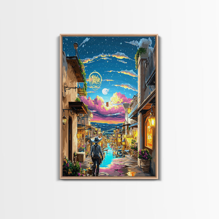 Moonlit Cowboy Canal Street Canvas Print, Western Wall Art, Neon Cityscape, Whimsical Travel Poster, Gift For Him, Living Room Decor