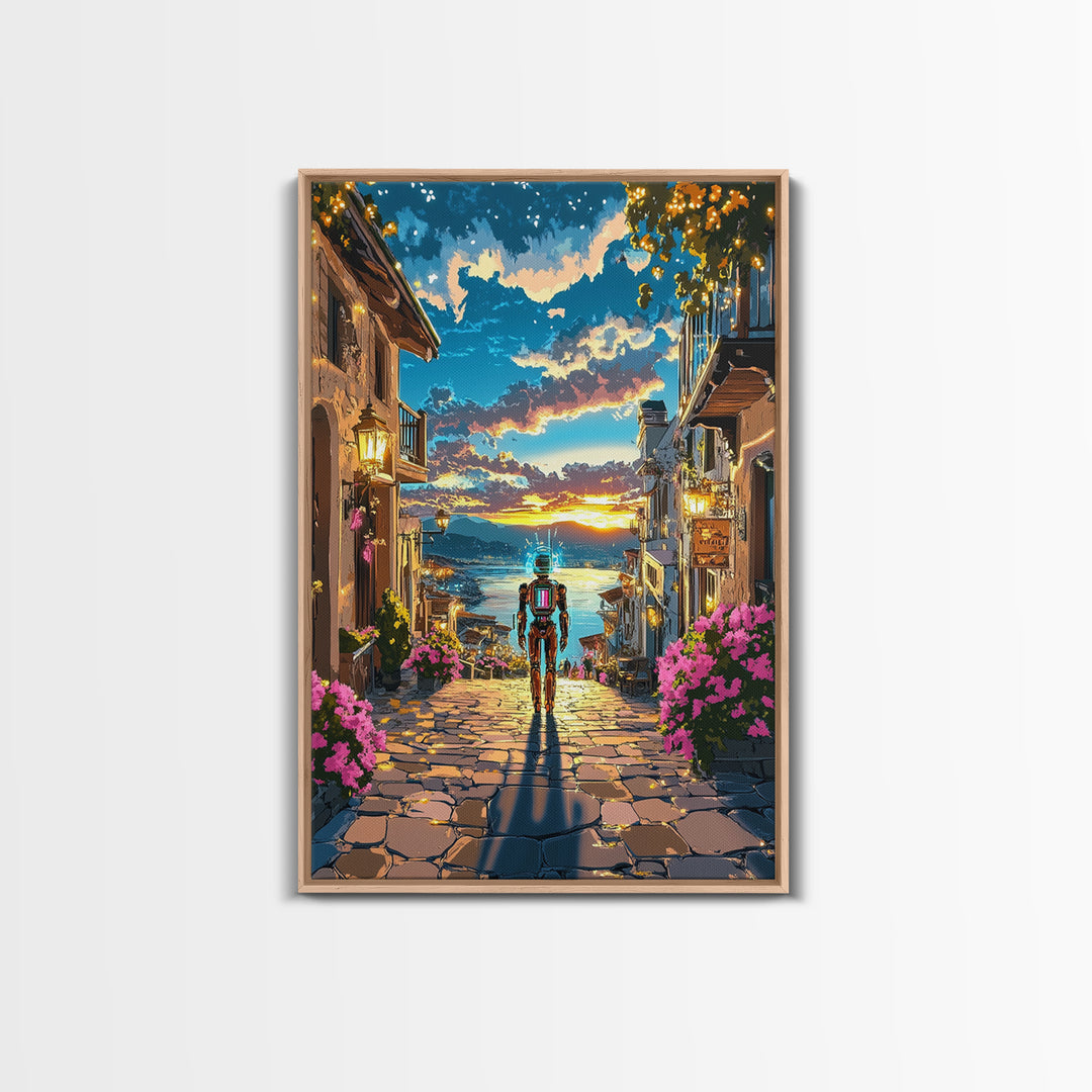 Astronaut In Sunset Coastal Village Framed Canvas Print, Sci Fi Wall Art, Futuristic Seascape, Gaming Room Decor, Unique Gift