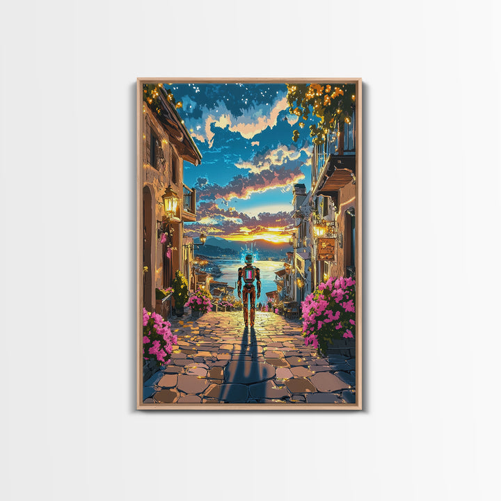 Astronaut In Sunset Coastal Village Framed Canvas Print, Sci Fi Wall Art, Futuristic Seascape, Gaming Room Decor, Unique Gift