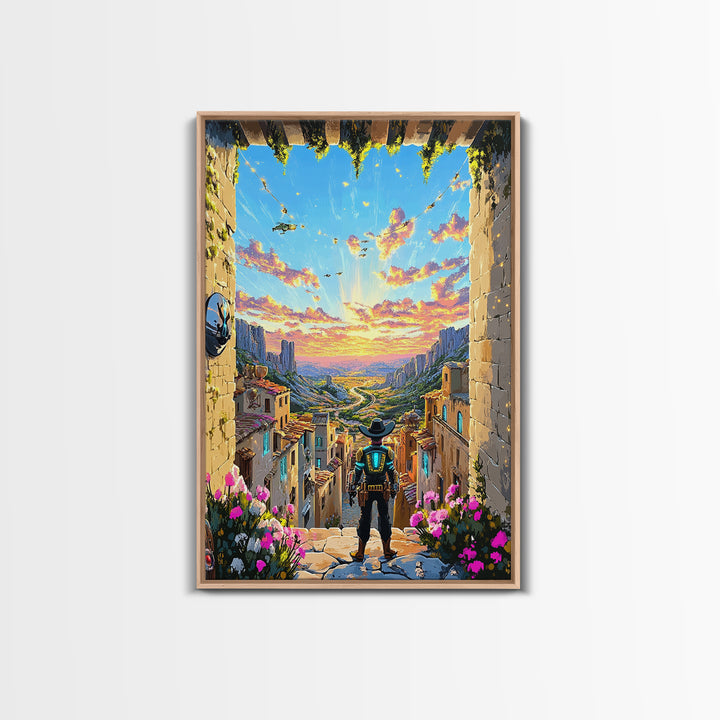Robot Cowboy Canyon Gateway Canvas Print, Western Sci Fi Wall Art, Desert Landscape, Futuristic Home Office Decor, Gift For Him