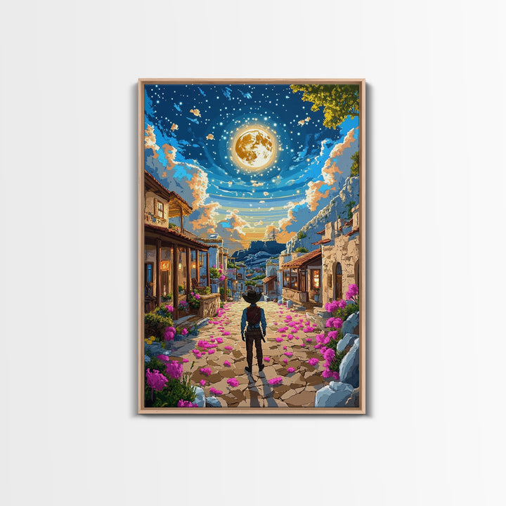 Golden Full Moon Village Path Canvas Print, Celestial Wall Art, Mediterranean Night Sky, Whimsical Bedroom Decor, Moon Art Print