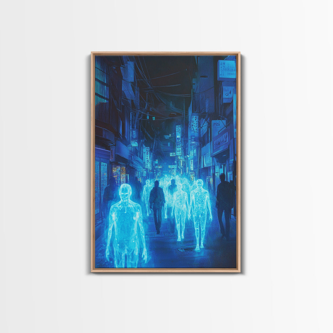 Blue Hologram Figures In Cyberpunk Alley Framed Canvas Print, Neon Wall Art, Sci Fi Cityscape, Gaming Room Decor, Futuristic Decor