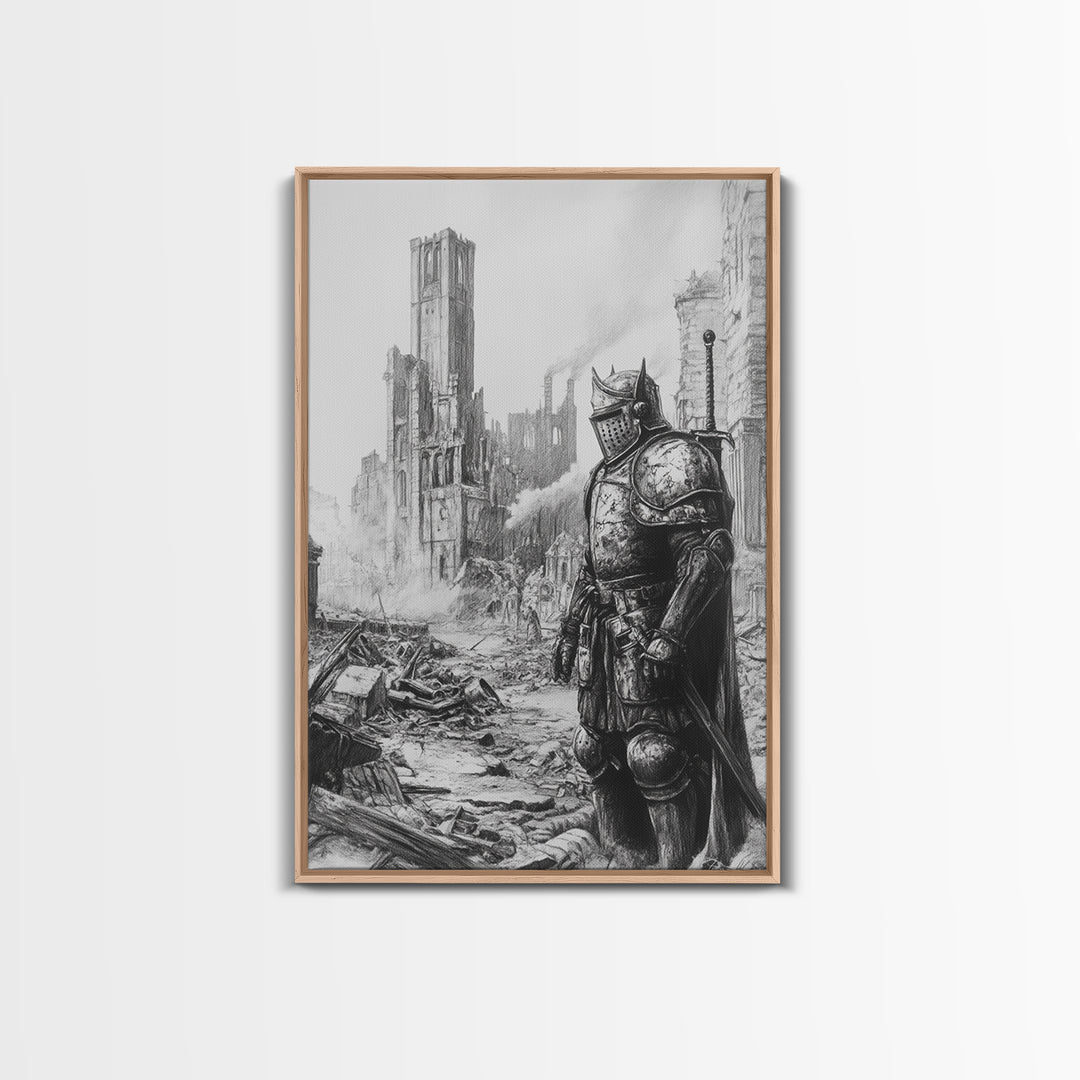Black And White Armored Knight In Ruined Gothic City Wall Art, Dark Fantasy Medieval Warrior Print For Office Decor