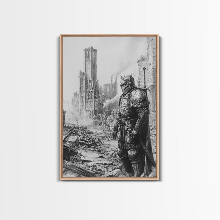 Black And White Armored Knight In Ruined Gothic City Wall Art, Dark Fantasy Medieval Warrior Print For Office Decor