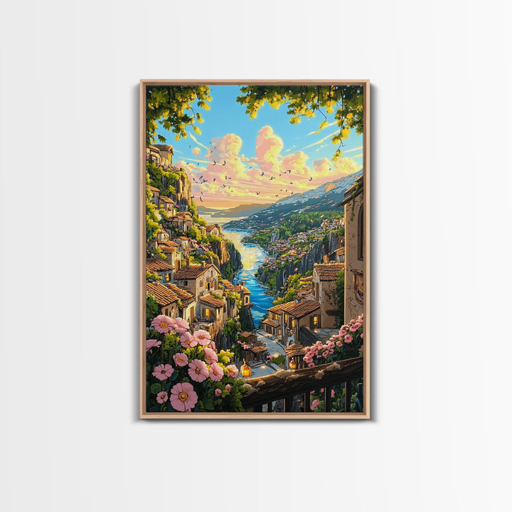Sunlit Italian Cliff Village With River And Flowers Framed Canvas Print, Mediterranean Landscape Wall Decor Gift For Her