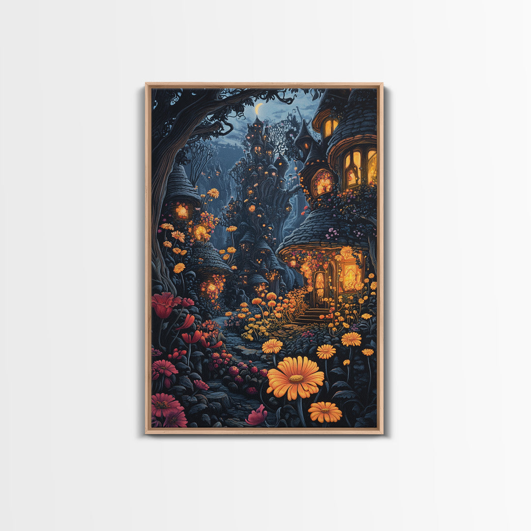 Dark Enchanted Forest Village With Glowing Flower Windows Wall Art, Gothic Fairy Tale Fantasy Canvas Print For Moody Decor