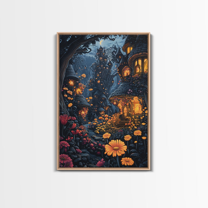 Dark Enchanted Forest Village With Glowing Flower Windows Wall Art, Gothic Fairy Tale Fantasy Canvas Print For Moody Decor