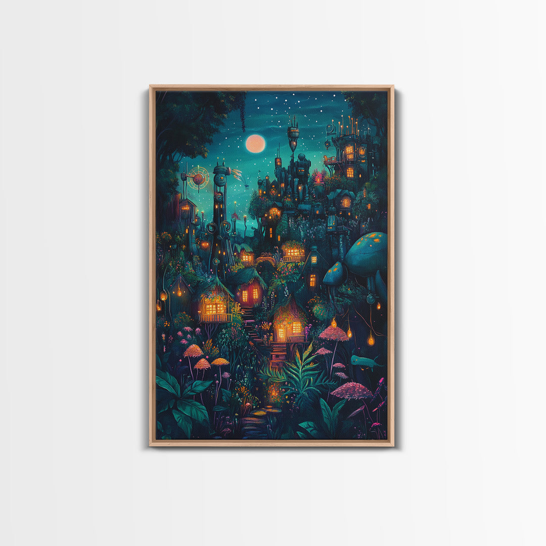 Moonlit Steampunk Mushroom City With Glowing Lanterns Canvas Print, Dark Fantasy Wall Art, Maximalist Decor Gift For Him