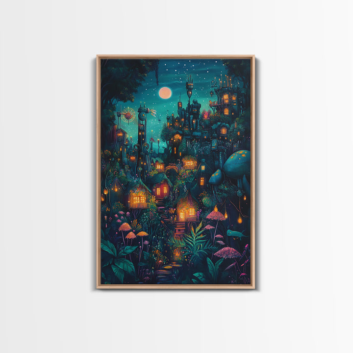 Moonlit Steampunk Mushroom City With Glowing Lanterns Canvas Print, Dark Fantasy Wall Art, Maximalist Decor Gift For Him
