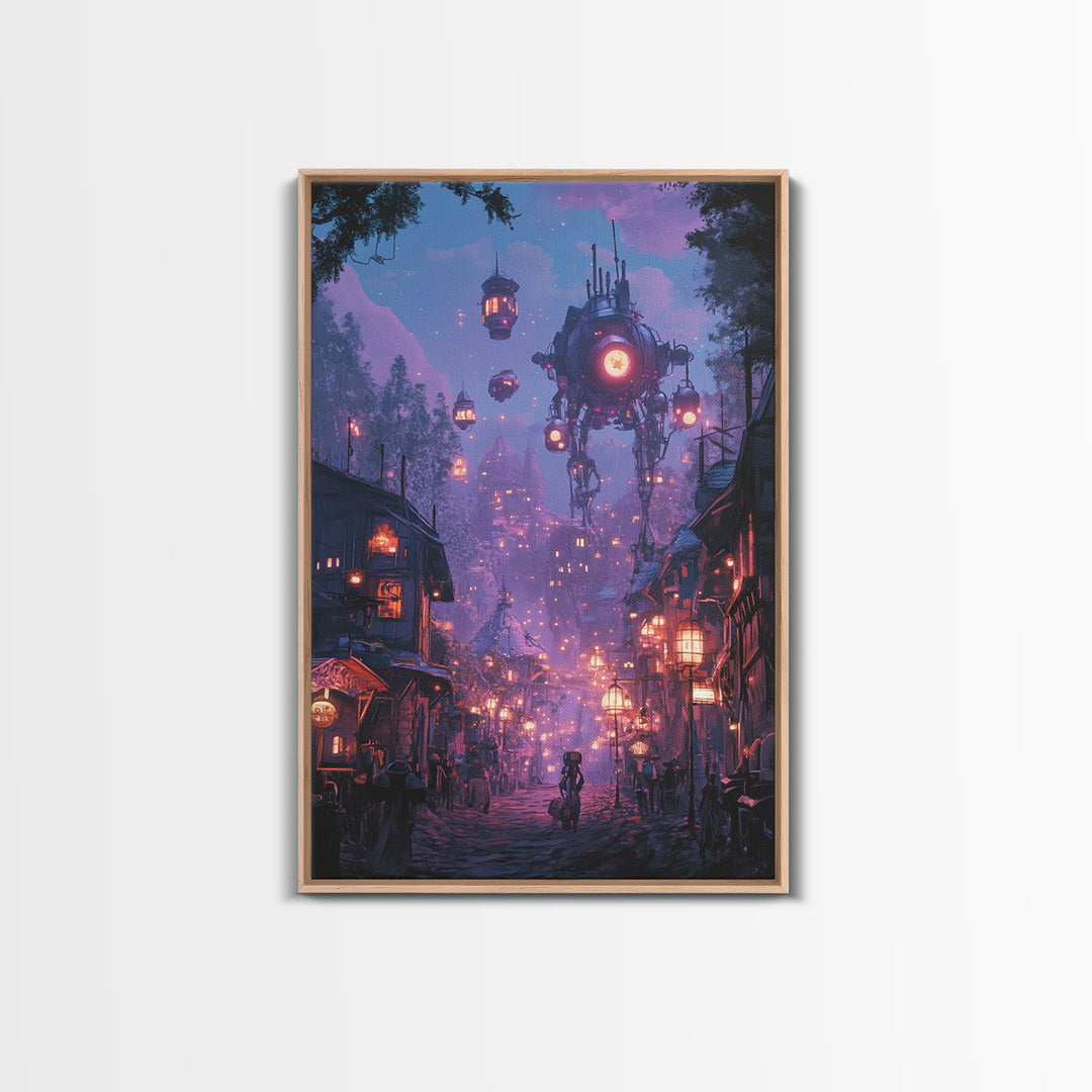 Purple Cyberpunk Village With Floating Machines Canvas Print, Sci Fi Wall Art, Futuristic Gaming Room Decor Gift For Him
