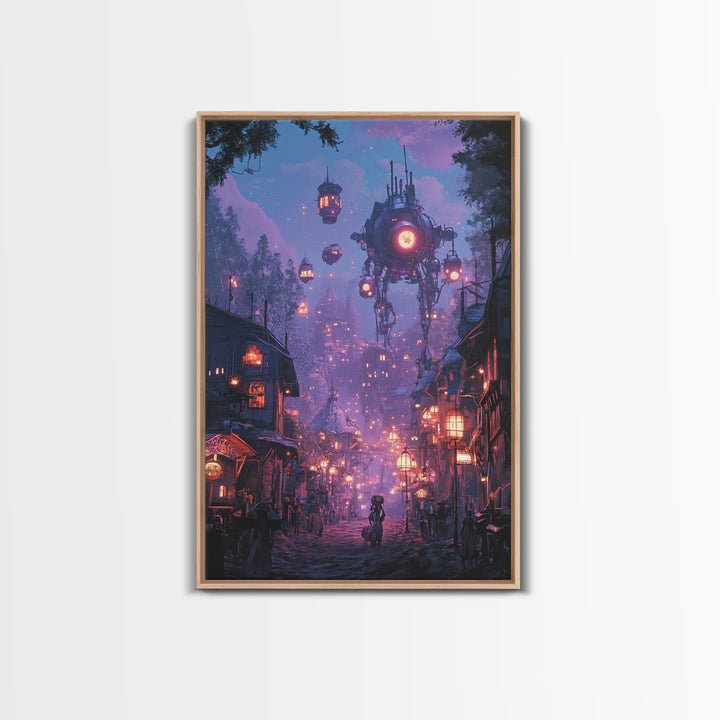 Purple Cyberpunk Village With Floating Machines Canvas Print, Sci Fi Wall Art, Futuristic Gaming Room Decor Gift For Him