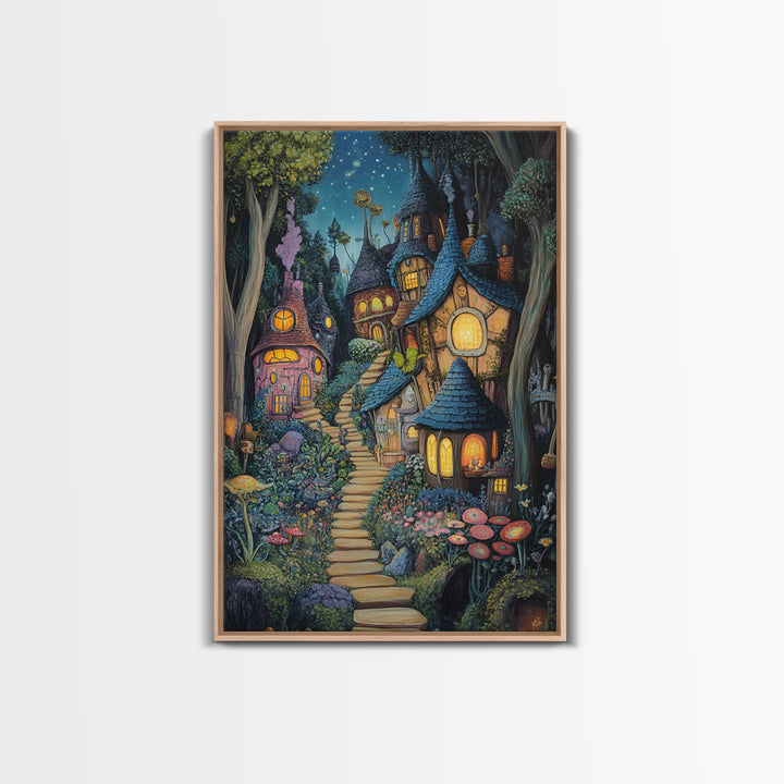Whimsical Mushroom Fairy Village At Starlit Night Canvas Print, Fairy Tale Wall Art, Nursery Decor Housewarming Gift For Her