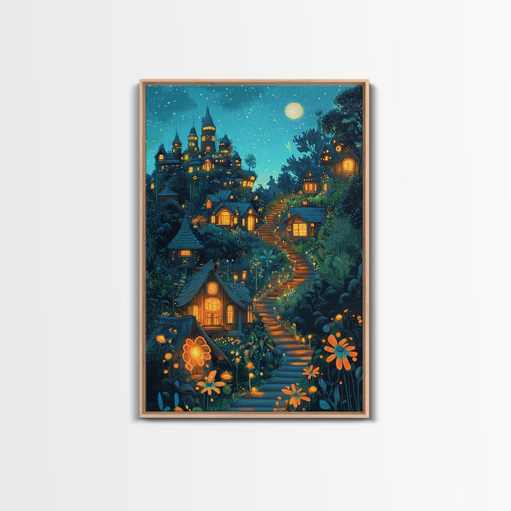Moonlit Enchanted Village Wall Art, Whimsical Fairy Tale Castle, Fantasy Art Print, Nursery Decor, Cozy Bedroom Wall Decor