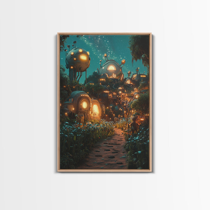 Glowing Futuristic Forest Village Canvas Print, Sci Fi Wall Art, Cyberpunk Decor, Unique Fantasy Landscape, Gaming Room Decor