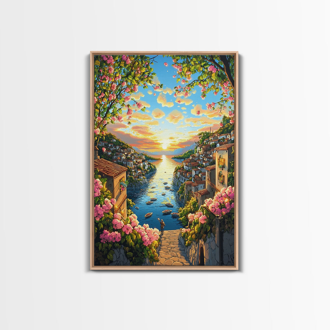 Golden Coastal Canal Village Framed Canvas Print, Mediterranean Wall Art, Italy Travel Poster, Summer Decor, Housewarming Gift