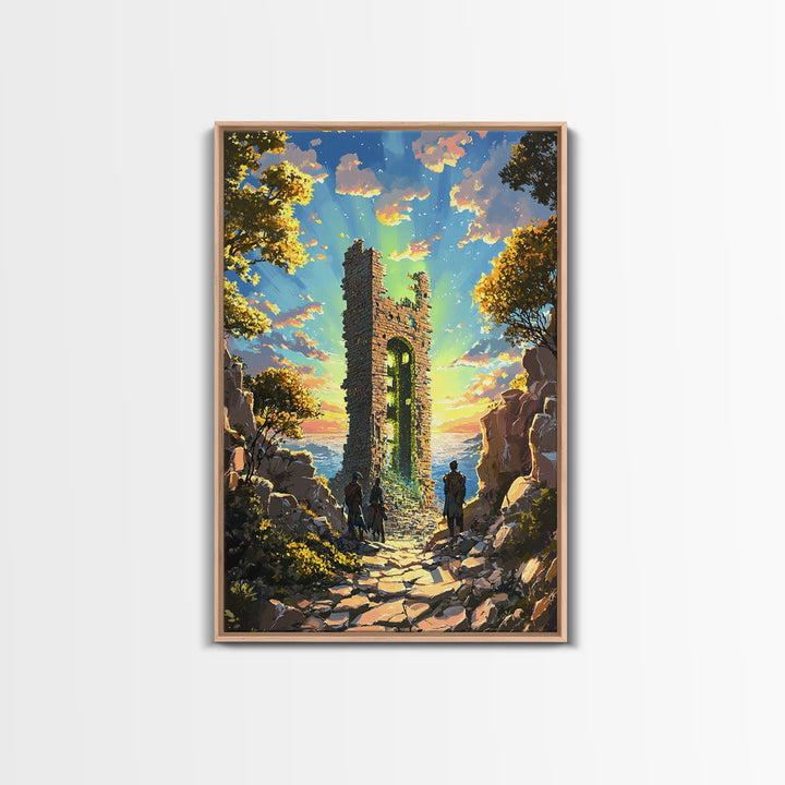 Sunset Ruined Stone Tower Canvas Print, Fantasy Landscape Wall Art, Coastal Castle Poster, Adventure Decor, Living Room Art