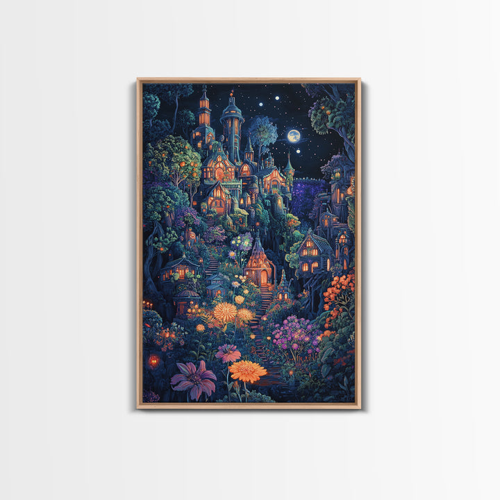 Moonlit Magical Garden Village Wall Art, Whimsical Fantasy Castle Canvas Print, Dark Botanical Decor, Maximalist Room Art