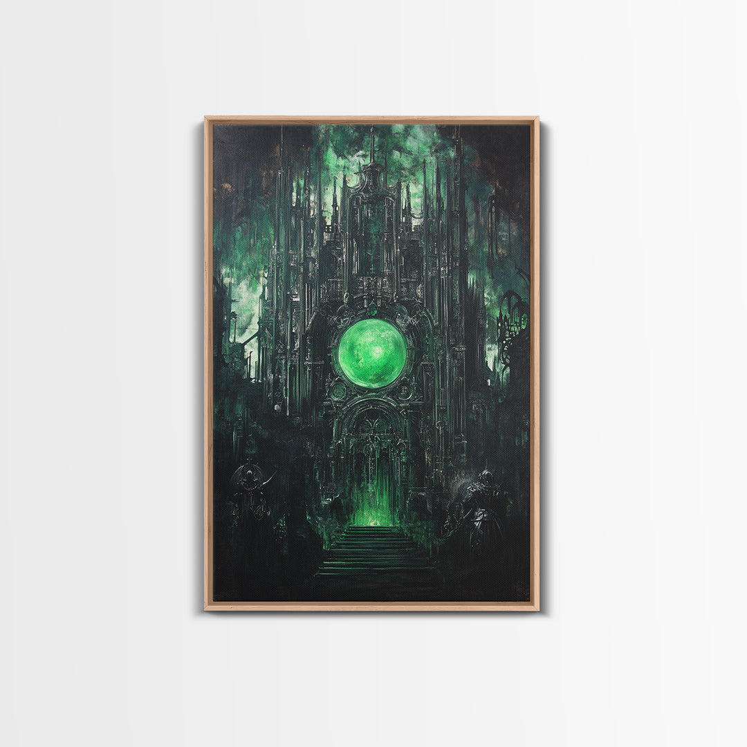 Emerald Orb Gothic Sanctuary Canvas Print, Dark Fantasy Wall Art, Occult Castle Decor, Moody Green Architecture Poster Print