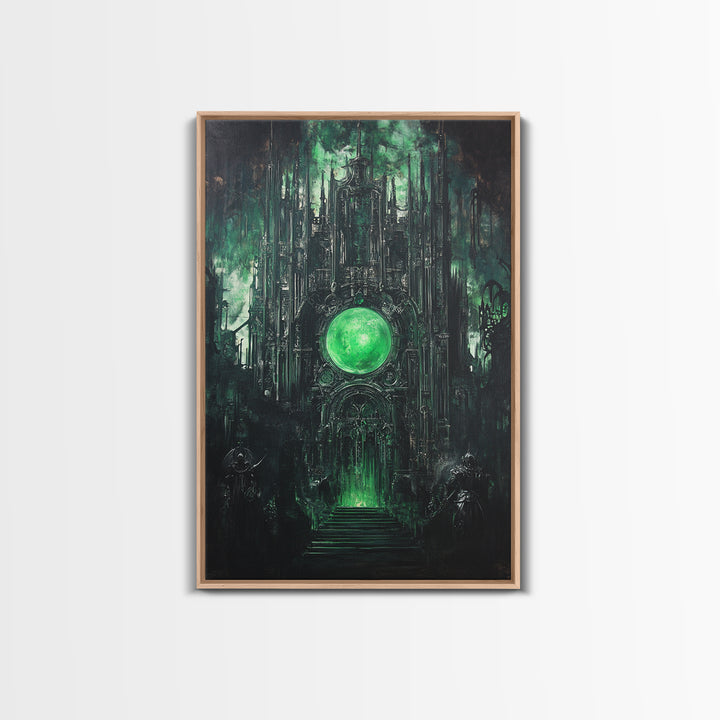 Emerald Orb Gothic Sanctuary Canvas Print, Dark Fantasy Wall Art, Occult Castle Decor, Moody Green Architecture Poster Print
