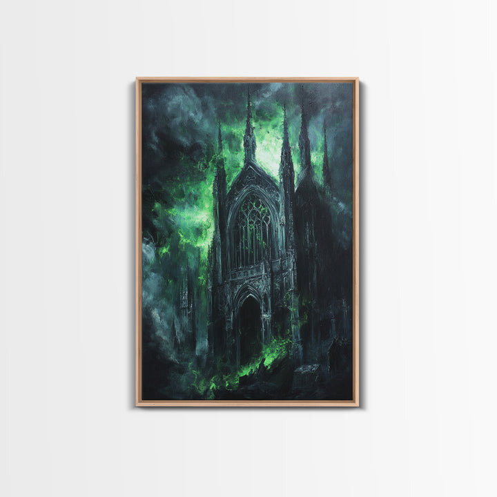 Misty Gothic Church In Green Fog Framed Canvas Print, Dark Academia Wall Art, Haunted Chapel Decor, Fantasy Architecture