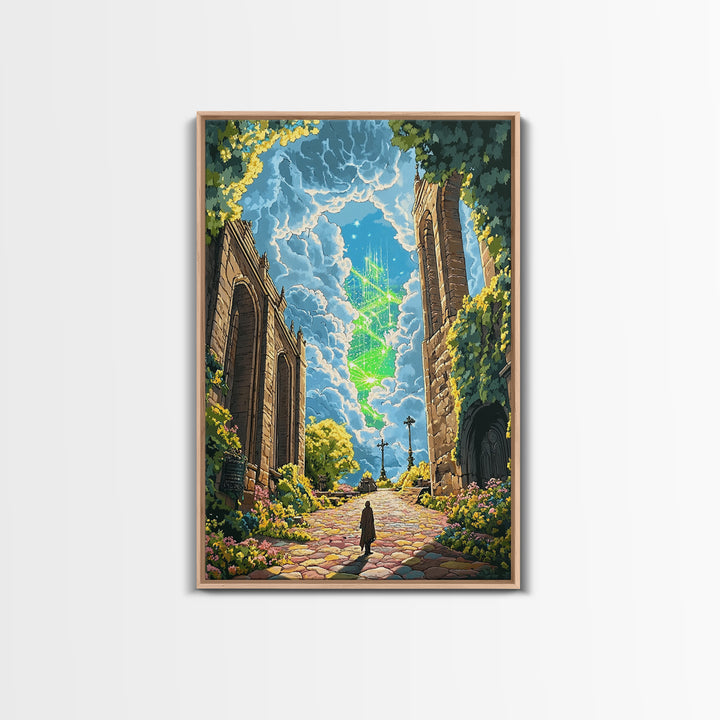 Glowing Crystal Towers Above Ruins Wall Art, Fantasy City Canvas Print, Whimsical Garden Decor, Magical Architecture Poster