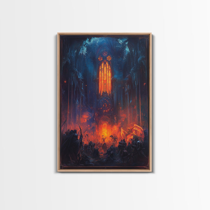 Fiery Gothic Cathedral Battle Canvas Print, Dark Fantasy Wall Art, Medieval Warrior Decor, Dramatic Red And Blue Poster Print