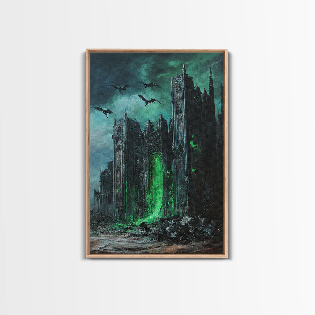 Green Portal Gothic Cathedral Wall Art, Dark Fantasy Ruins Print, Dragon Raven Decor, Moody Gothic Home Decor Gift For Him