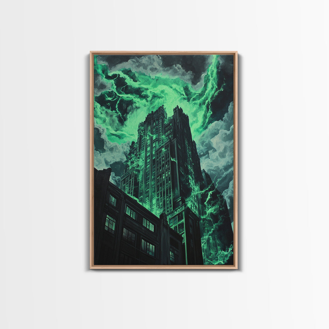 Emerald Storm Skyscraper Wall Art, Dark Urban Fantasy Print, Gothic City Lightning Decor, Moody Office Wall Decor, Home Decor Gift
