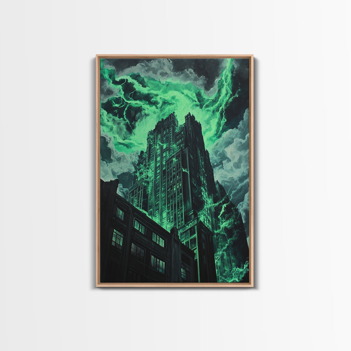 Emerald Storm Skyscraper Wall Art, Dark Urban Fantasy Print, Gothic City Lightning Decor, Moody Office Wall Decor, Home Decor Gift