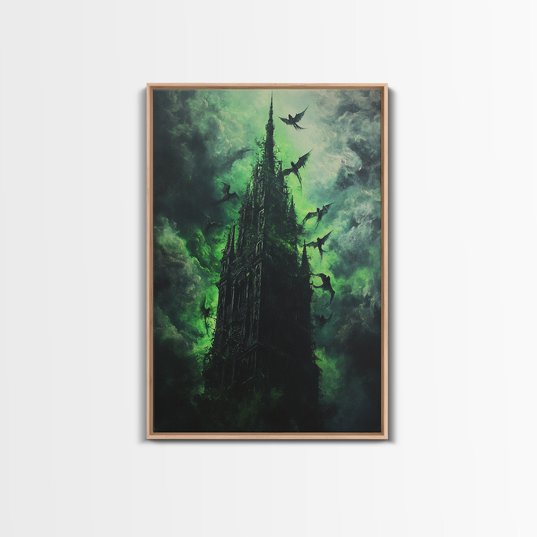 Shadowed Gothic Tower Wall Art, Green Storm Dragon Print, Dark Fantasy Castle Decor, Moody Gothic Home Decor Gift For Him