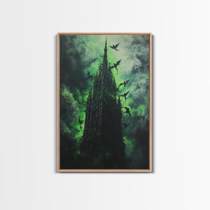 Shadowed Gothic Tower Wall Art, Green Storm Dragon Print, Dark Fantasy Castle Decor, Moody Gothic Home Decor Gift For Him