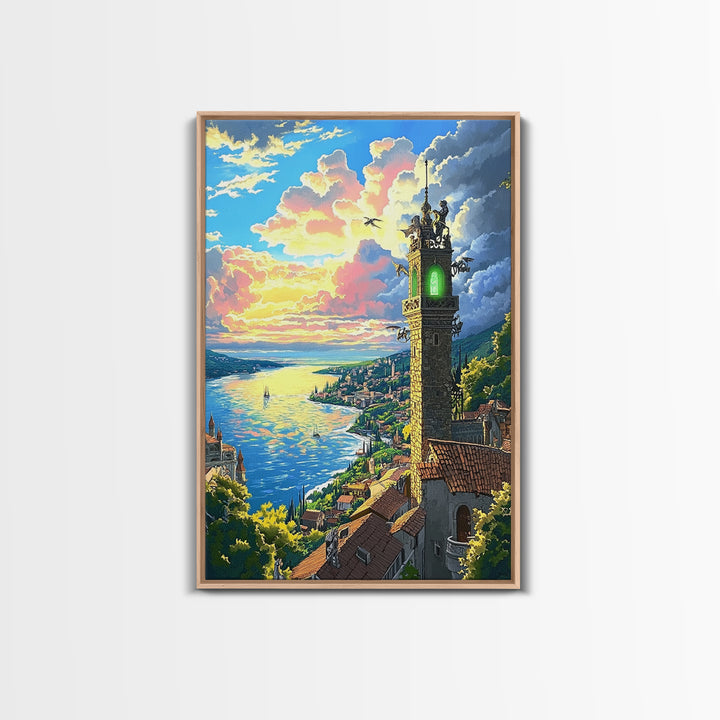 Glowing Coastal Tower At Sunset Canvas Print, Fantasy Seascape Wall Art, Mediterranean Landscape, Living Room Decor, Housewarming Gift
