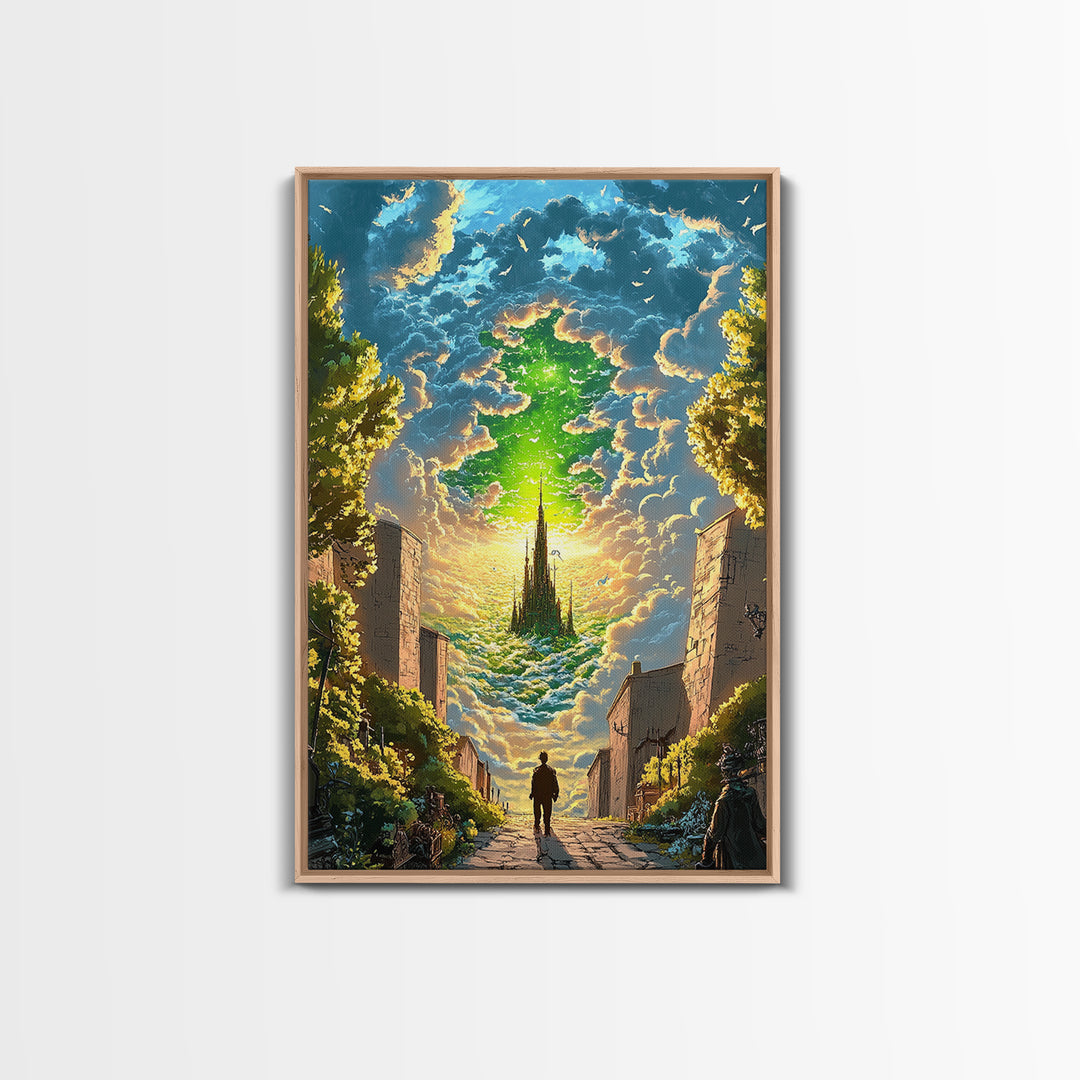 Emerald Sky Castle Above City Street Canvas Print, Surreal Fantasy Wall Art, Mystical Cloudscape, Home Office Decor, Unique Gift